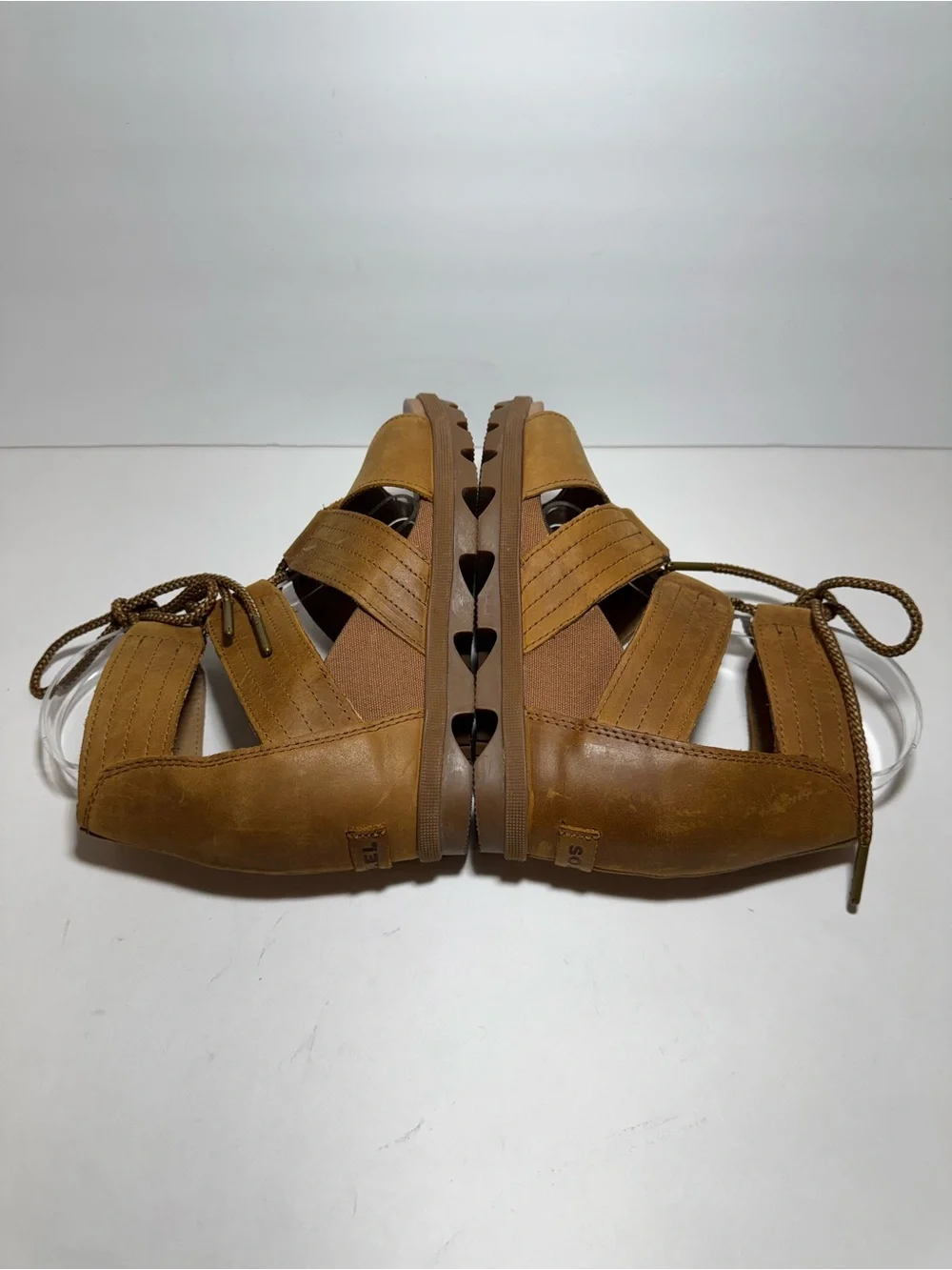 Sorel Tan Leather Joanie Il Lace Up Ankle Wedge Heel Strappy Sandals Size 9
